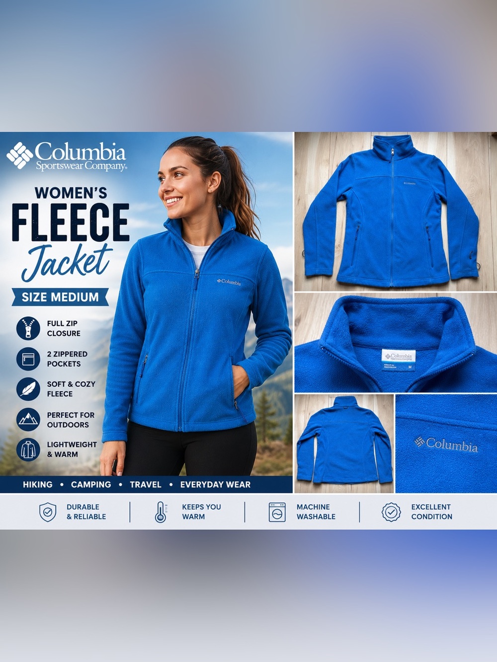 Columbia Women’s Medium Blue Fleece Jacket Full Zip Lightweight Outdoor Hiking